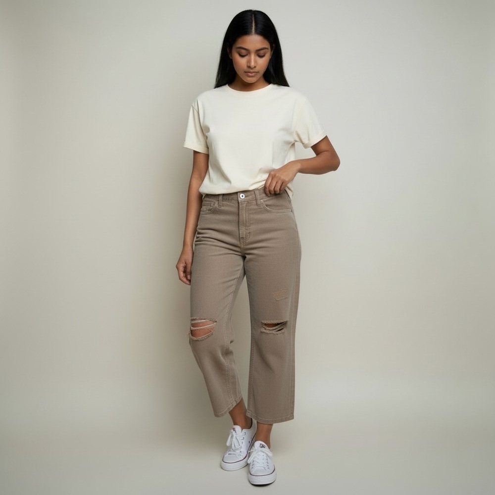 Wild Fable High Rise Curvy Straight Jeans Distressed Cropped Taupe 14